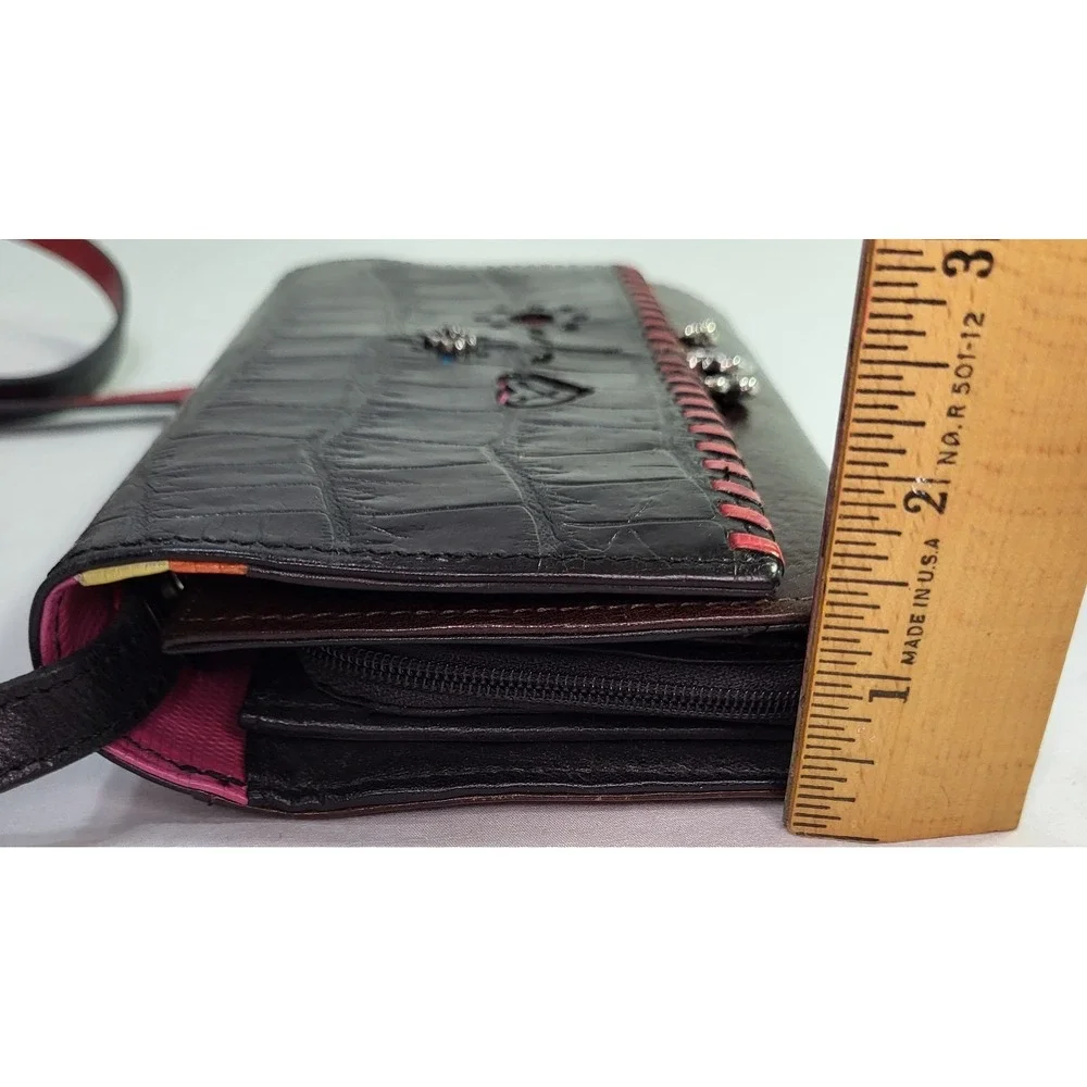 Brighton Crossbody Bag Wallet Purse Croc Embossed Charms Red & Black Strap Heart